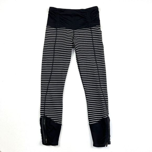 LULULEMON Runday Crop Ankle Legging Black White Parallel Stripe Pants Athletic 2